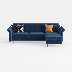 Modern Navy Velvet Tufted L Shaped Sectional Sofa 3D Model