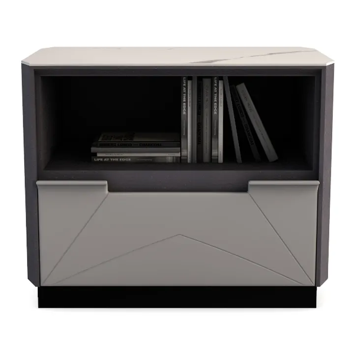 Modern Marble Top Solid Wood Nightstand Cabinet with Open Shelf 3D Model