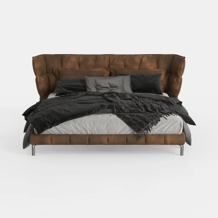 Modern Tufted Brown Leather Upholstered King Bed 3D Model