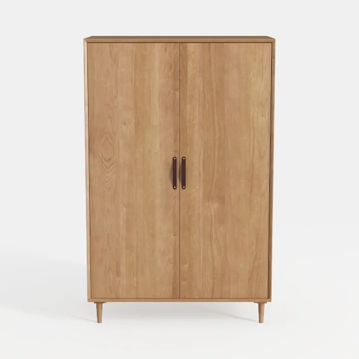 Minimalist Solid Wood Double Door Cabinet with Leather Handles 3D Model