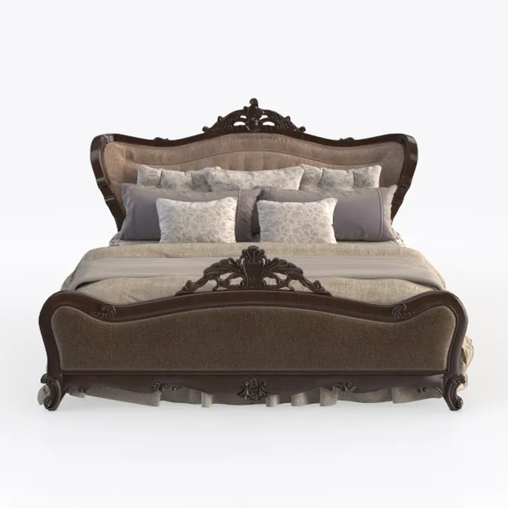 Vintage Carved Solid Wood Fabric Upholstered King Bed 3D Model