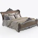 Vintage Carved Solid Wood Fabric Upholstered King Bed 3D Model Right 45 Degree View