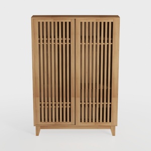 Minimalist Solid Oak Slatted Double Door Cabinet 3D Model