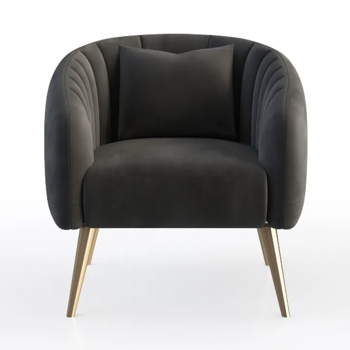 Modern Black Velvet Channel Tufted Armchair with Gold Metal Legs 3D Model
