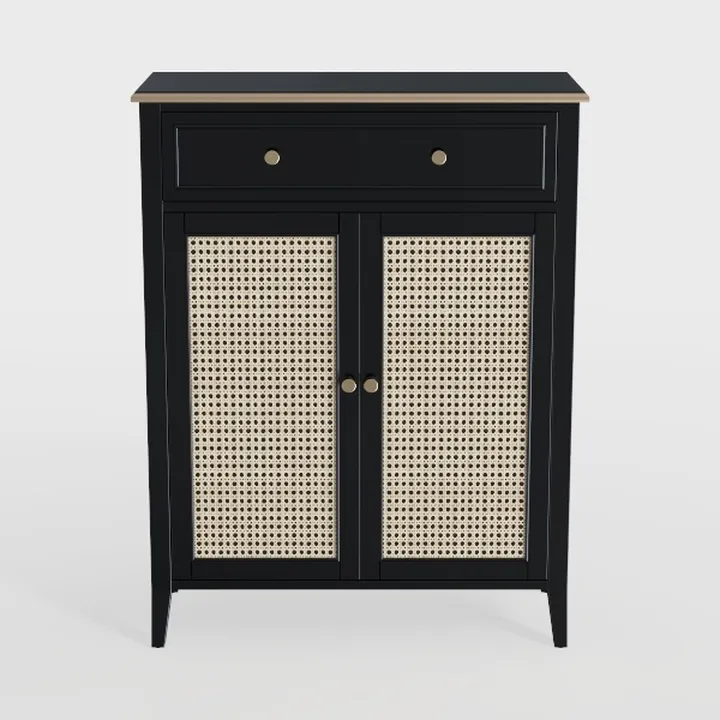 Modern Black Solid Wood Cane Accent Cabinet With Drawer 3D Model