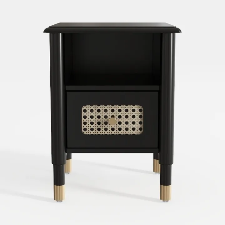 Modern Black Solid Wood Rattan Accent Nightstand 3D Model