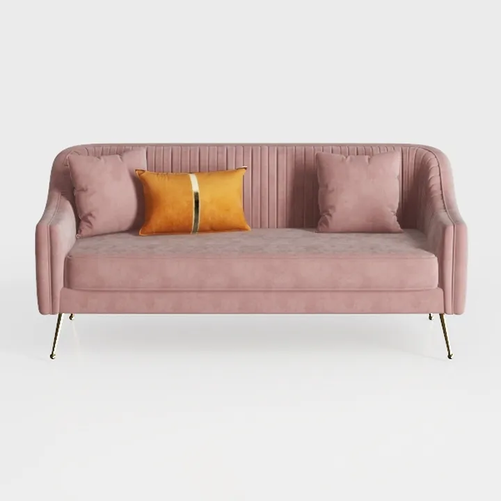 Modern Pink Velvet Tufted Sofa With Gold Metal Legs 3D Model
