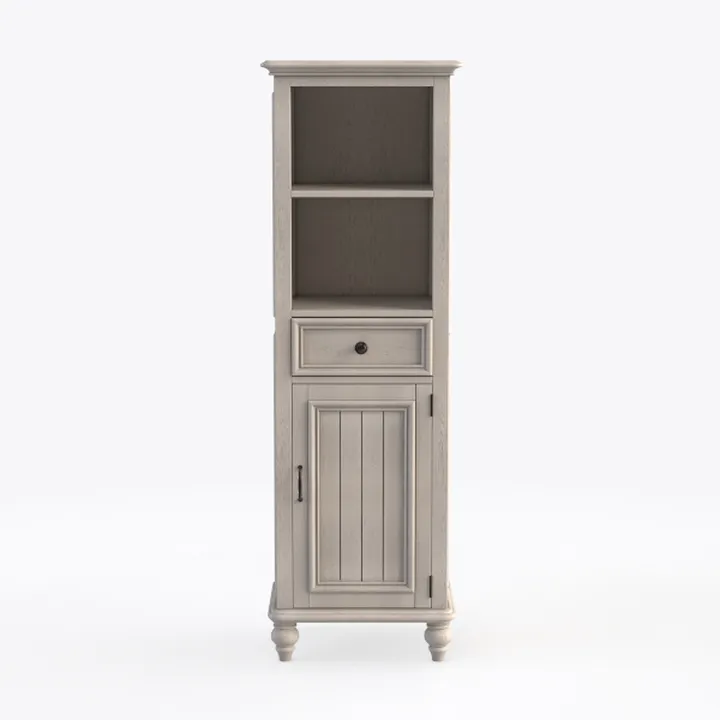 Vintage Solid Wood Tall Storage Cabinet With Drawer Open Shelves 3D Model