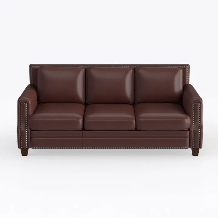 Classic Brown Leather Nailhead Trim 3 Seat Sofa 3D Model