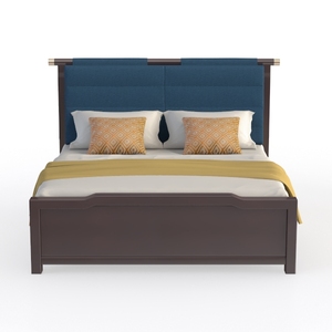 Modern Blue Upholstered Solid Wood King Bed with Gold Accents 3D Model