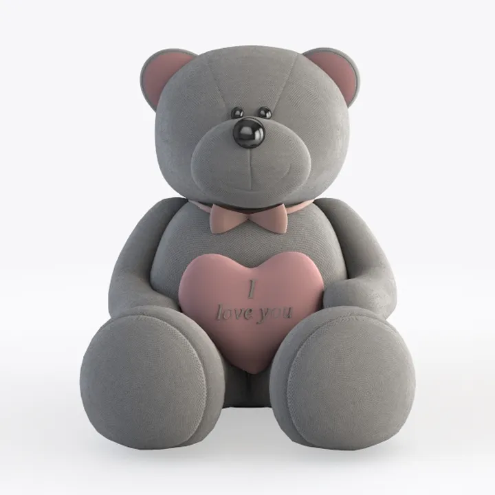 Gray Fabric Valentines Teddy Bear Plush Toy 3D Model