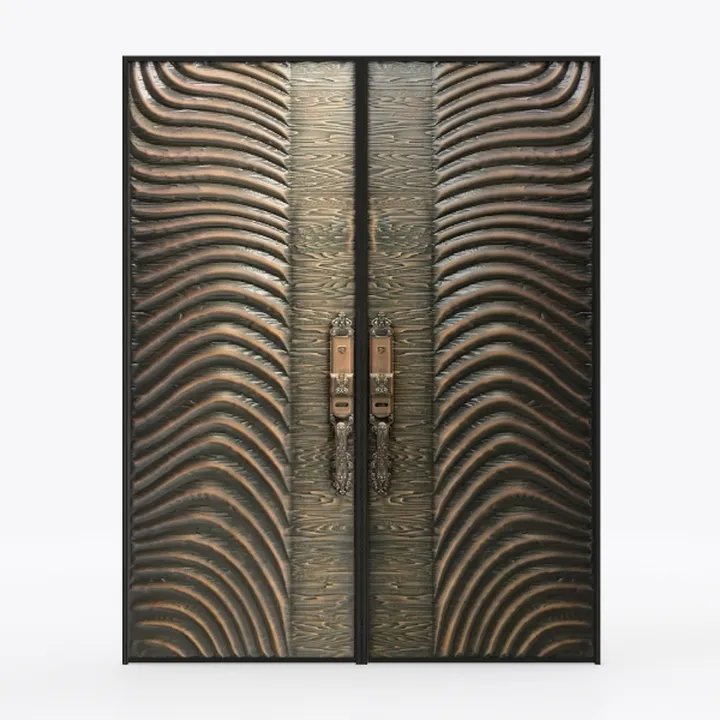Vintage Bronze Carved Pattern Metal Double Door 3D Model