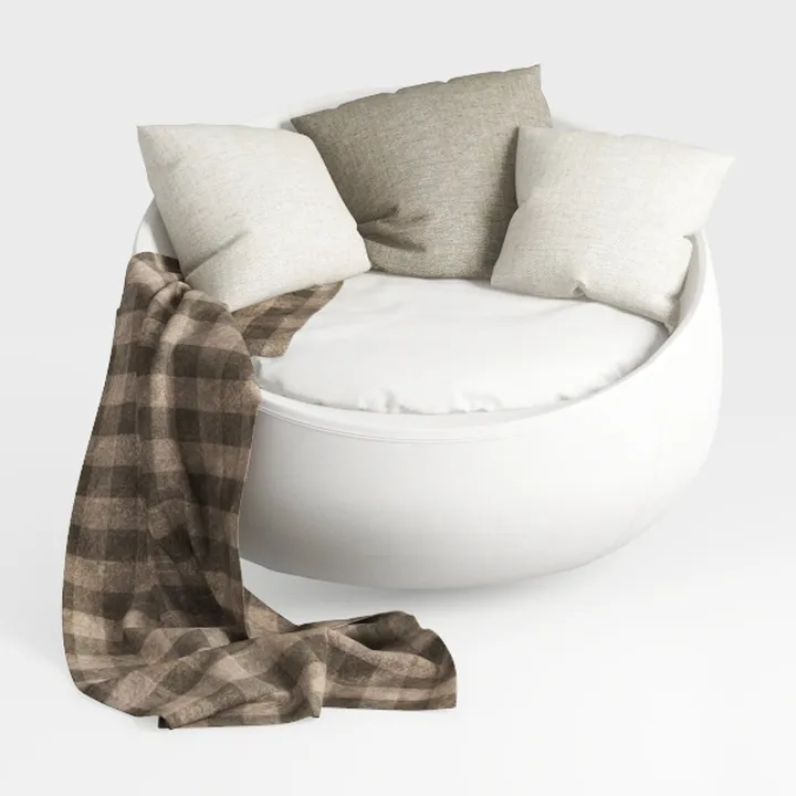 Minimalist White Fabric Round Accent Chair with Throw Pillows and Blanket 3D Model