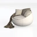 Minimalist White Fabric Round Accent Chair with Throw Pillows and Blanket 3D Model Left 45 Degree View