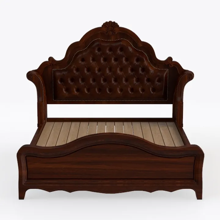 Vintage Solid Walnut Leather Tufted King Size Bed 3D Model