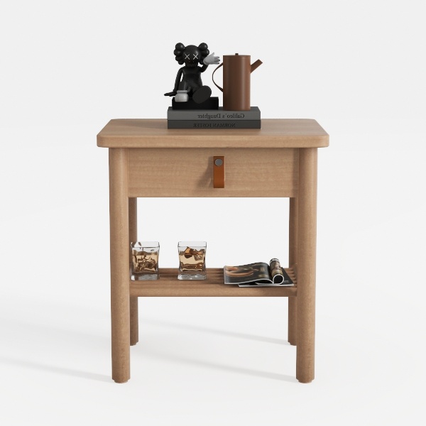 Solid Rubberwood Round Side Table with Drawer