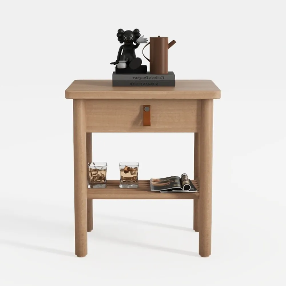 Solid Rubberwood Round Side Table with Drawer